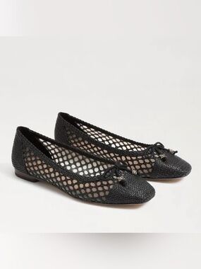 Sam Edelman “May” Black Mesh Square-Toe Flats with Bow